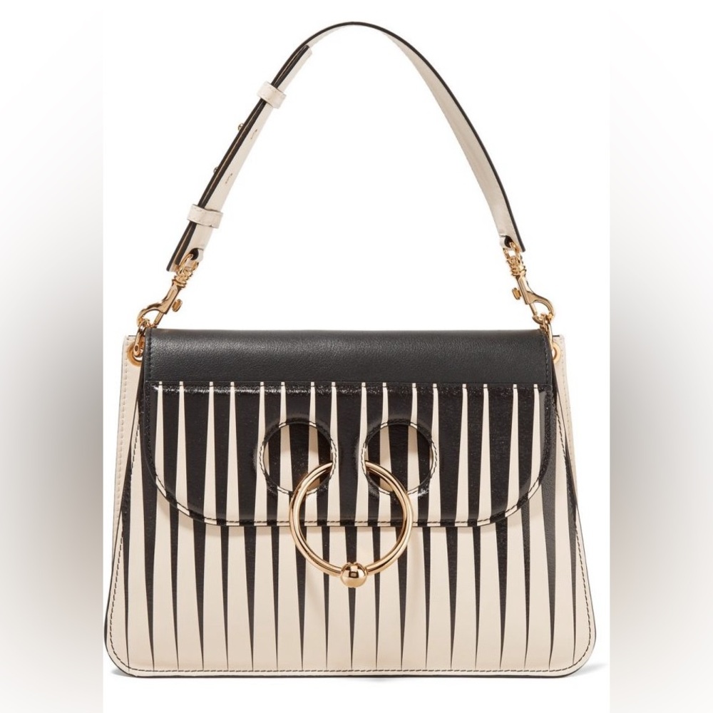 JW ANDERSON Pierce Medium Striped Leather Shoulder Bag Black and Cream Op Art